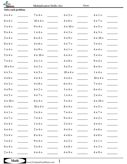 4s (horizontal) Worksheet - Multiplication Drills (4s) worksheet